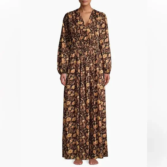 Matteau Puff Sleeve Open Back Orange Floral Maxi Dress - Picture 5 of 13